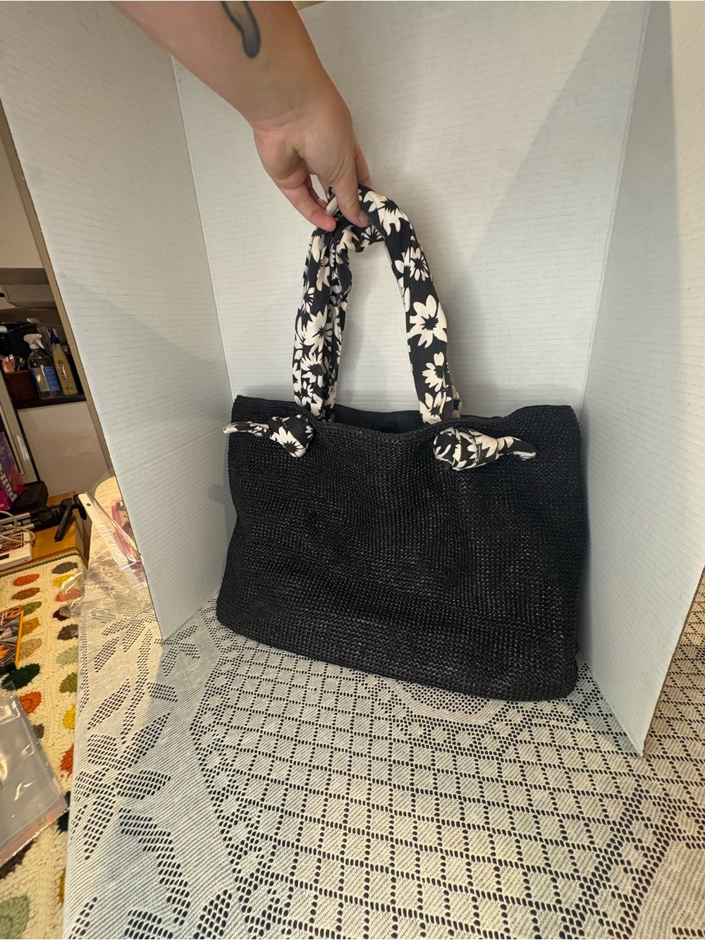 Braciano Black Woven Tote with Floral-Print Handles